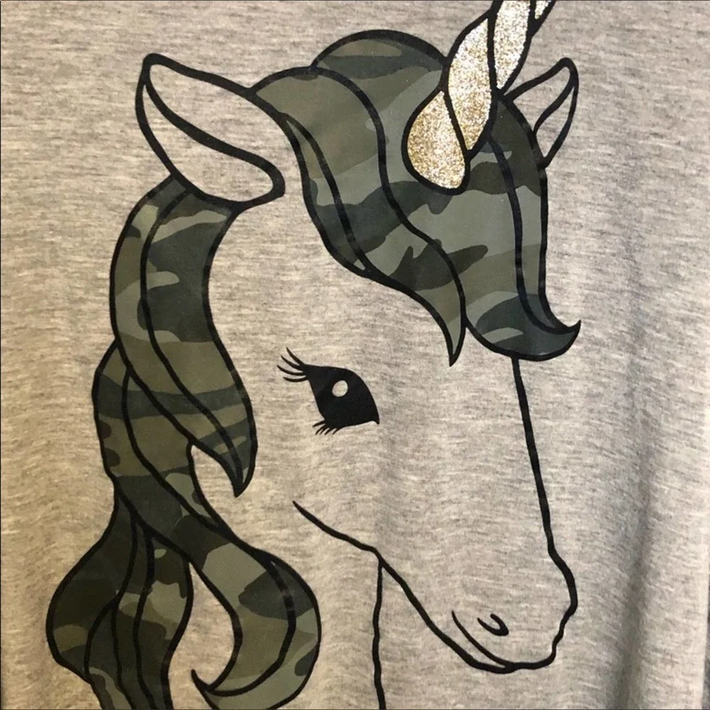 JUSTICE Camo Unicorn Long Sleeve Grey Graphic Tee